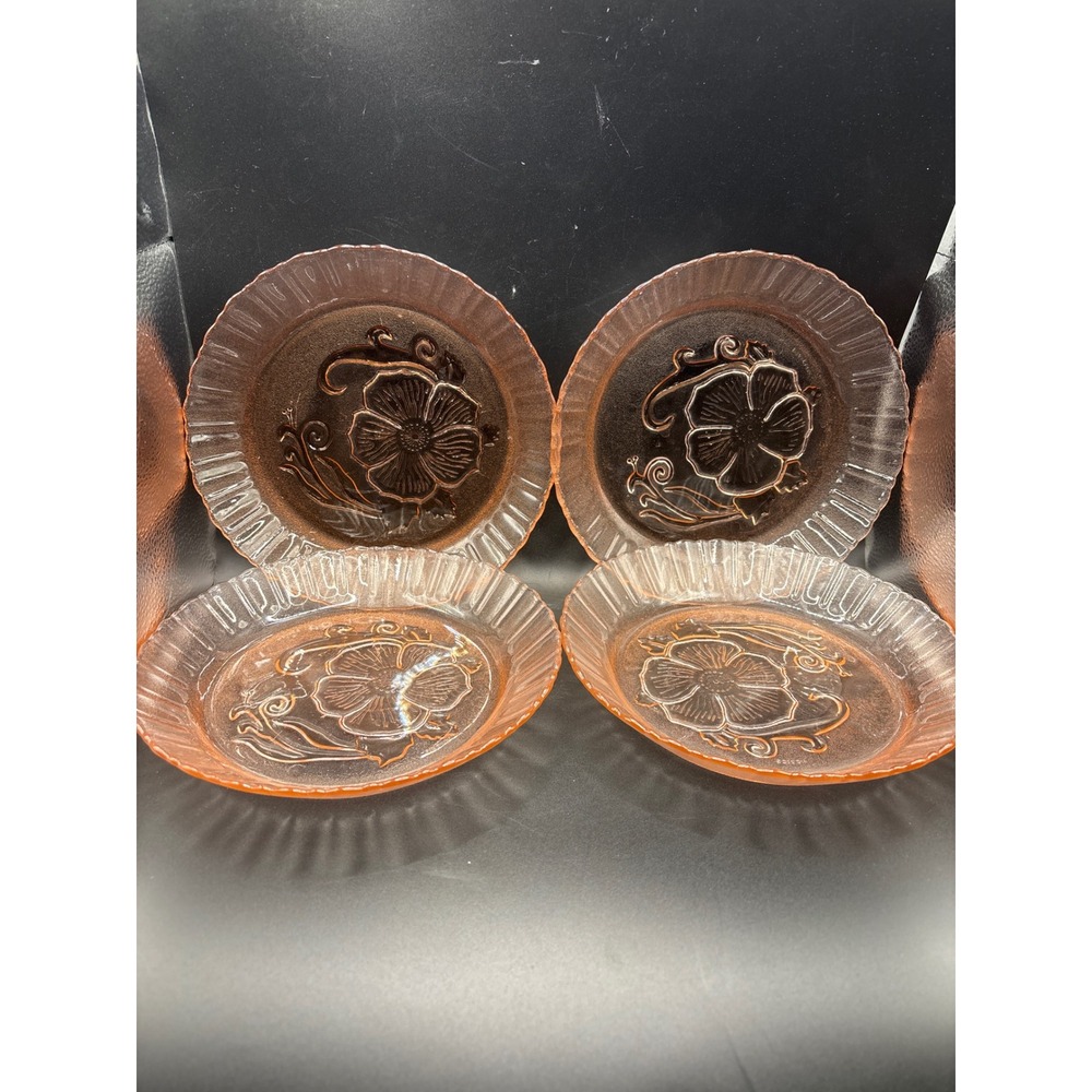 Vintage Pink Glass Bowls Plates Set of 4 Nova Crisa Mexico Hibiscus Floral Retro - Picture 6 of 6